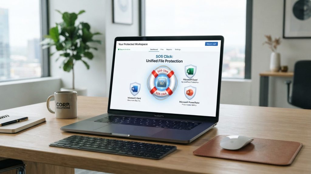 Professional laptop screen showing a unified backup status for Microsoft Word, Excel, and PowerPoint using the SOS Click lifebelt protection.